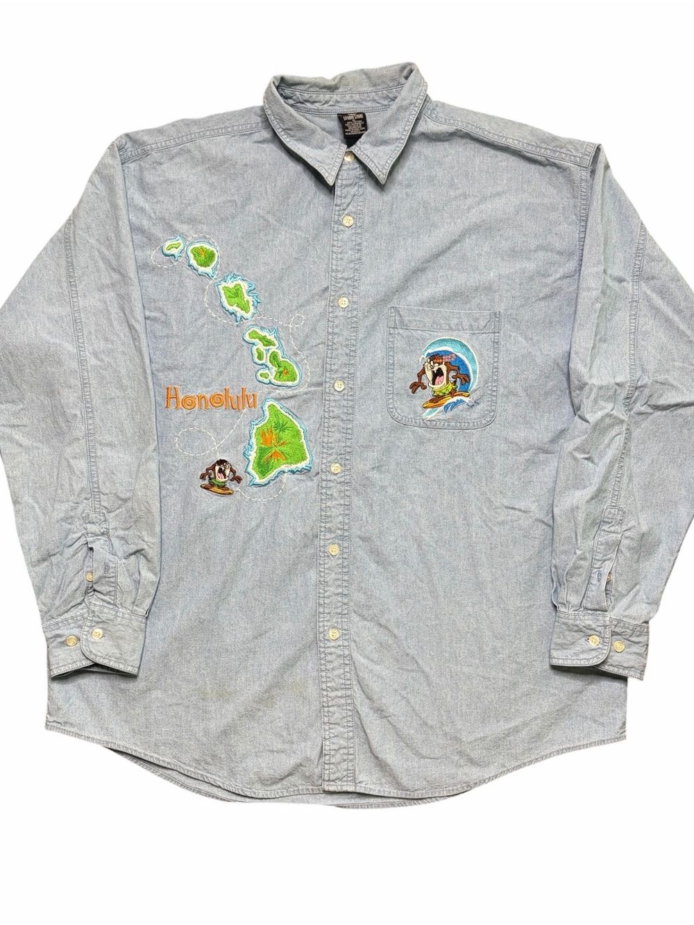 Vintage 90s Warner Bros Tasmanian Devil Shirt Chambray Collared Long Sleeve XL